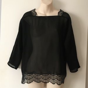 SANDRO Paris Black Crepe + Lace Deep V Back Blouse S